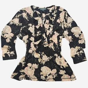 Ralph Lauren Black Top with Mesh Floral Print And Buttons